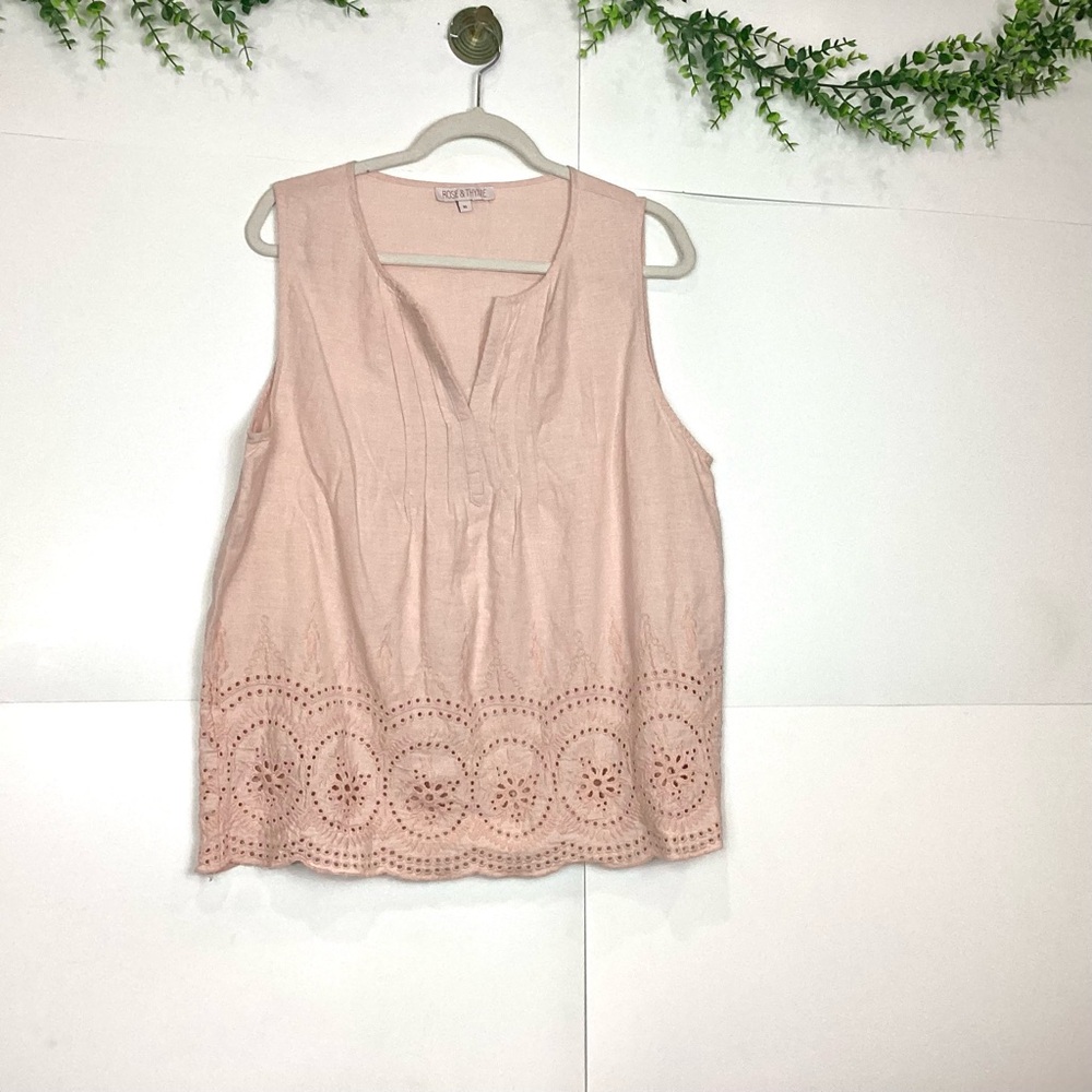 Rose & Thyme Top  XL Linen Blend v neck Pink Eyelet Lace Embroidered Blouse Boho